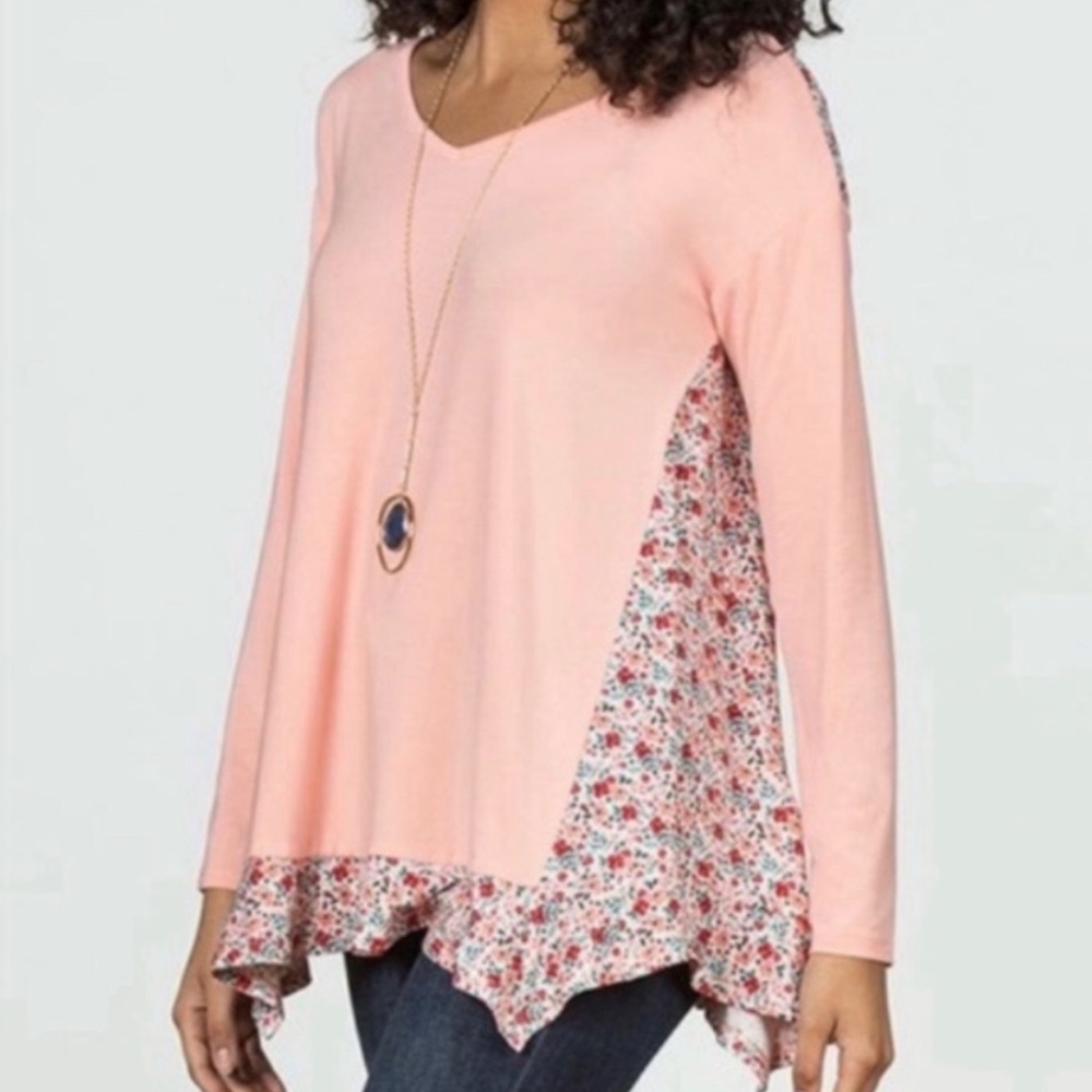 Matilda Jane Sing it Out Floral Print Casual Top Small Tunic Ruffle Hem Pink